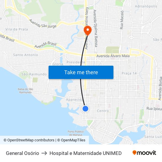 General Osório to Hospital e Maternidade UNIMED map