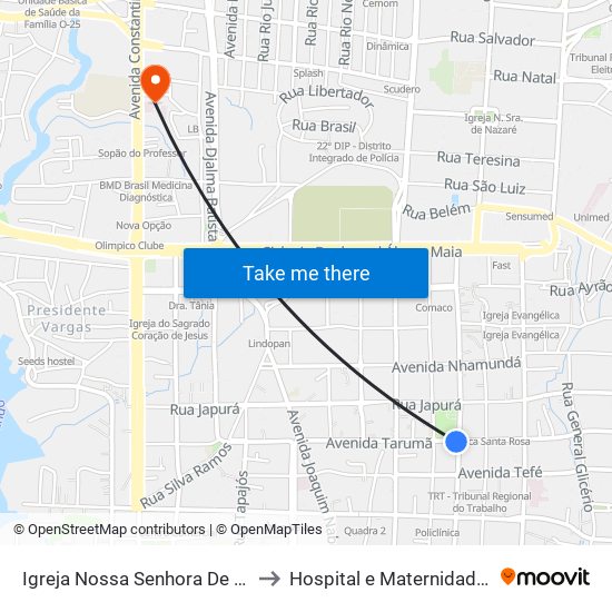 Igreja Nossa Senhora De Fátima C/B to Hospital e Maternidade UNIMED map