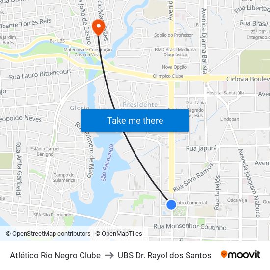 Atlético Rio Negro Clube to UBS Dr. Rayol dos Santos map