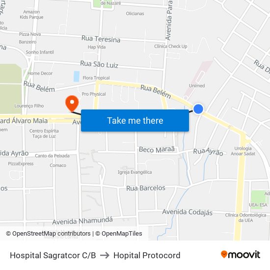 Hospital Sagratcor C/B to Hopital Protocord map