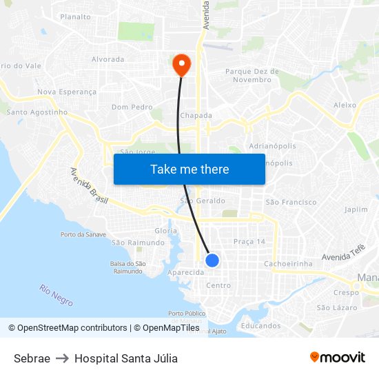 Sebrae to Hospital Santa Júlia map