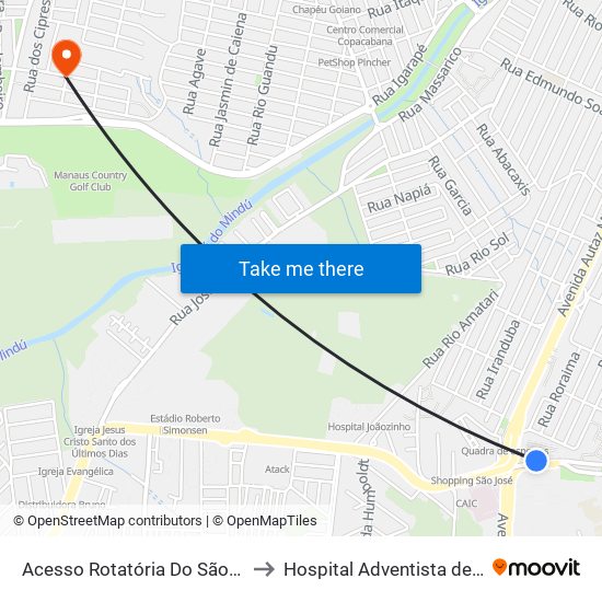Acesso Rotatória Do São José B/C to Hospital Adventista de Manaus map