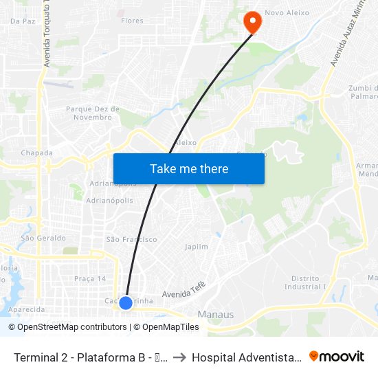 Terminal 2 - Plataforma B - ➏ Sentido Bairro to Hospital Adventista de Manaus map