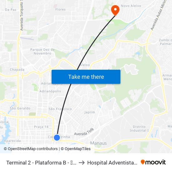 Terminal 2 - Plataforma B - ➐ Sentido Bairro to Hospital Adventista de Manaus map