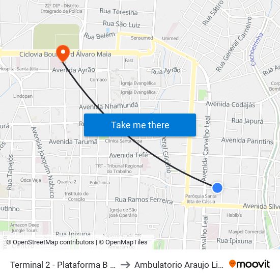 Terminal 2 - Plataforma B - ➐ Sentido Bairro to Ambulatorio Araujo Lima - Boulevard map