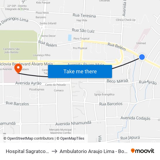 Hospital Sagratcor C/B to Ambulatorio Araujo Lima - Boulevard map