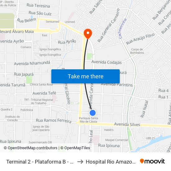 Terminal 2 - Plataforma B - ➓ Sentido Distrito to Hospital Rio Amazonas - Hapvida map
