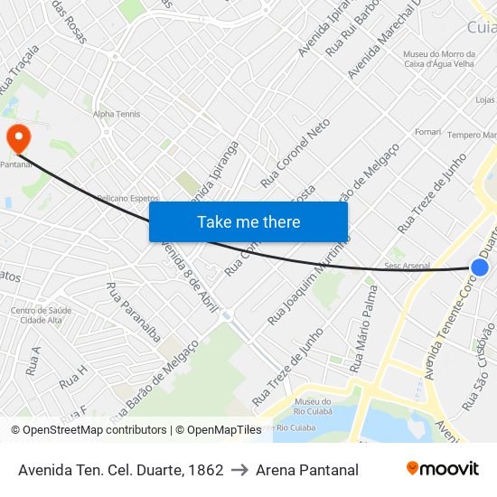 Avenida Ten. Cel. Duarte, 1862 to Arena Pantanal map