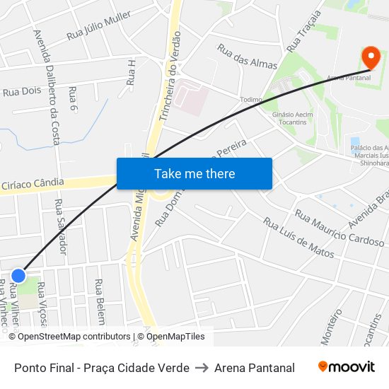 Ponto Final - Praça Cidade Verde to Arena Pantanal map