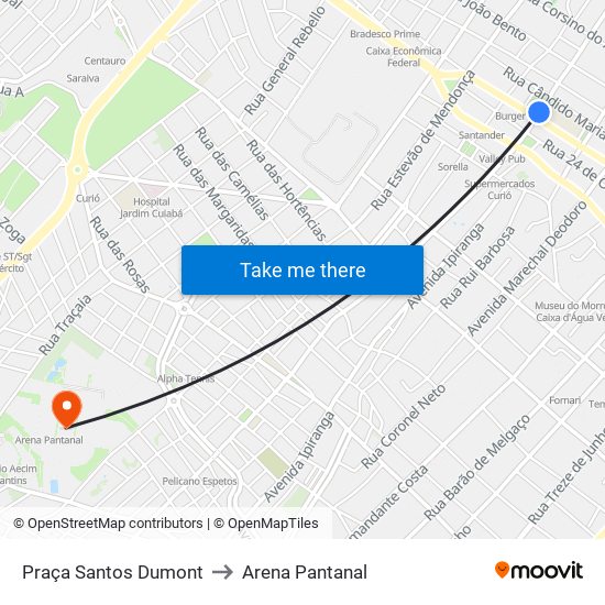 Praça Santos Dumont to Arena Pantanal map
