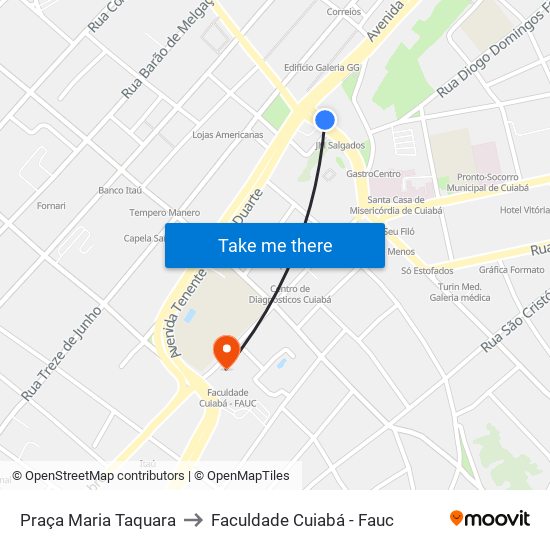 Praça Maria Taquara to Faculdade Cuiabá - Fauc map