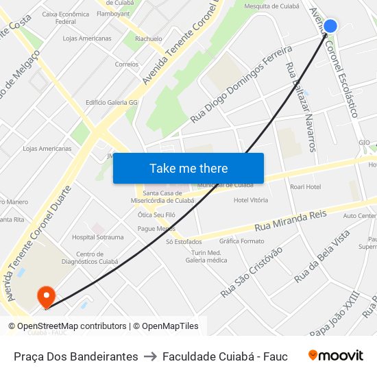 Praça Dos Bandeirantes to Faculdade Cuiabá - Fauc map