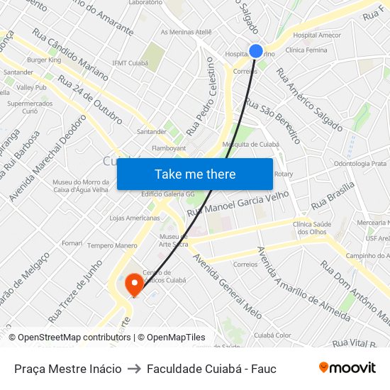 Praça Mestre Inácio to Faculdade Cuiabá - Fauc map