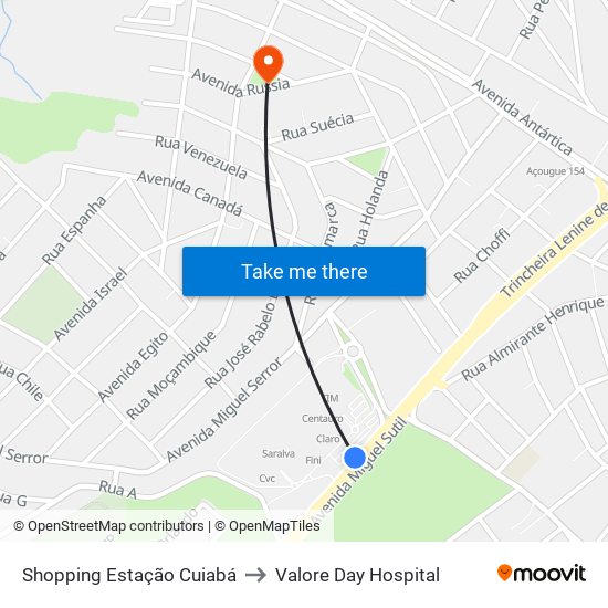 Shopping Estação Cuiabá to Valore Day Hospital map