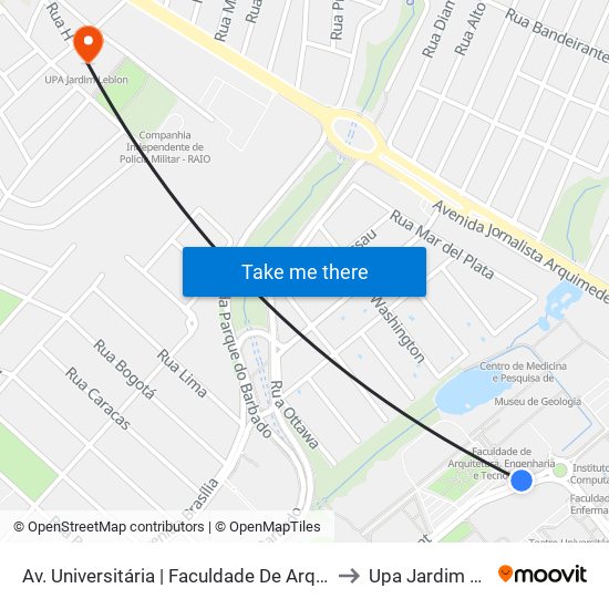 Av. Universitária | Faculdade De Arquitetura E Ru to Upa Jardim Leblon map