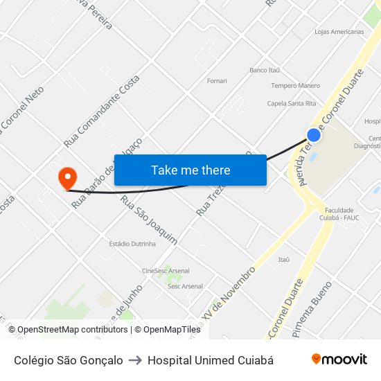 Colégio São Gonçalo to Hospital Unimed Cuiabá map