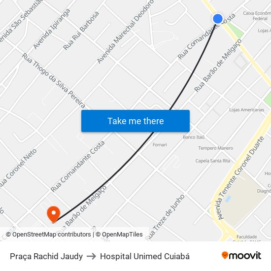 Praça Rachid Jaudy to Hospital Unimed Cuiabá map