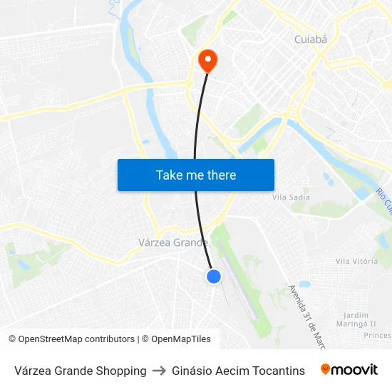 Várzea Grande Shopping to Ginásio Aecim Tocantins map
