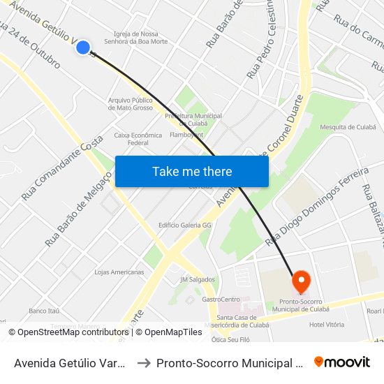 Avenida Getúlio Vargas, 654 to Pronto-Socorro Municipal De Cuiabá map