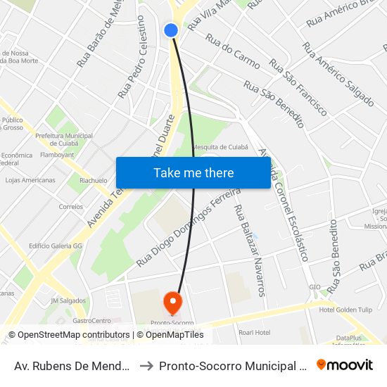 Av. Rubens De Mendonça, 54 to Pronto-Socorro Municipal De Cuiabá map