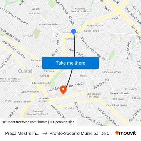 Praça Mestre Inácio to Pronto-Socorro Municipal De Cuiabá map