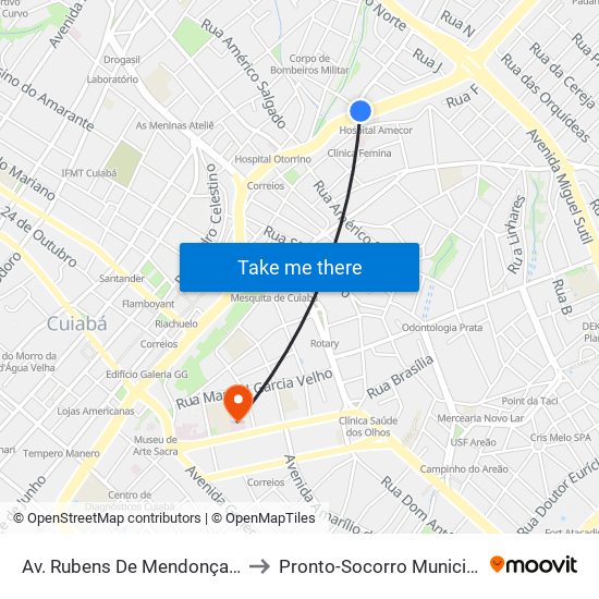 Av. Rubens De Mendonça | Amaka Paris to Pronto-Socorro Municipal De Cuiabá map