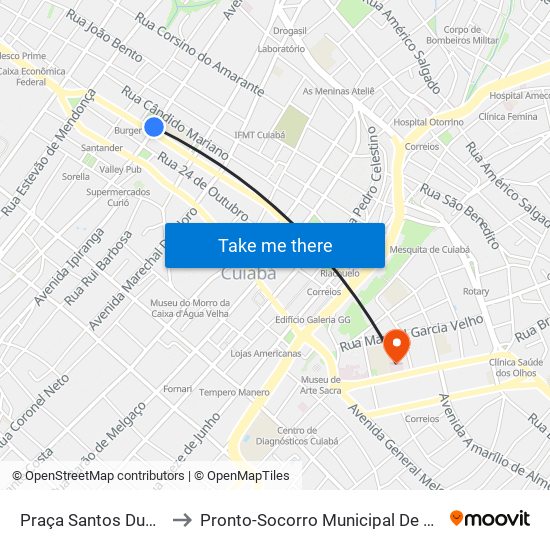 Praça Santos Dumont to Pronto-Socorro Municipal De Cuiabá map