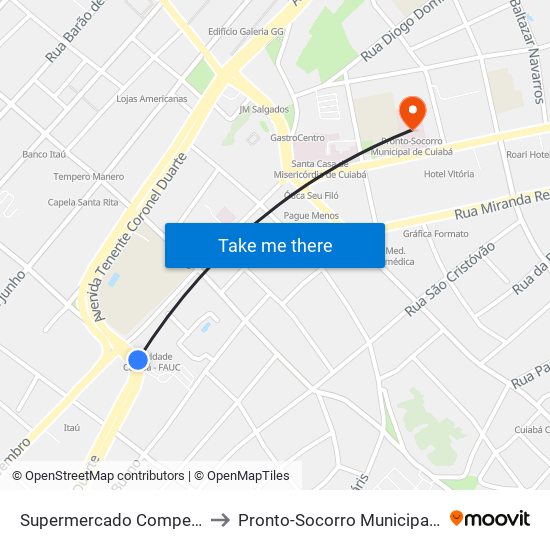 Supermercado Comper | Prainha to Pronto-Socorro Municipal De Cuiabá map