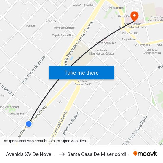 Avenida XV De Novembro, 494 to Santa Casa De Misericórdia De Cuiabá map