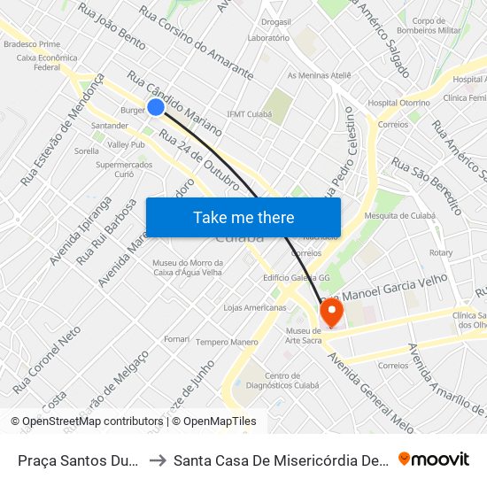 Praça Santos Dumont to Santa Casa De Misericórdia De Cuiabá map