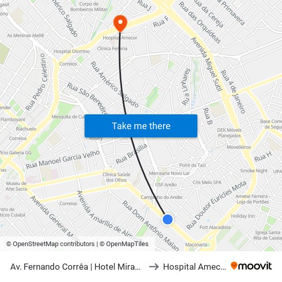 Av. Fernando Corrêa | Hotel Miranda to Hospital Amecor map