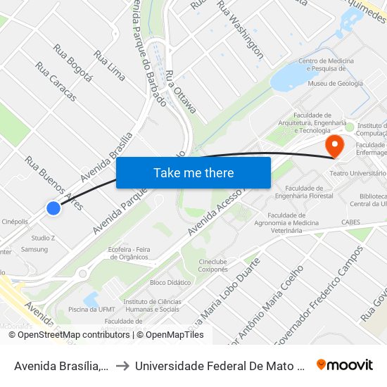 Avenida Brasília, 210 to Universidade Federal De Mato Grosso map