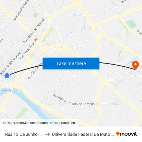 Rua 13 De Junho, 2025 to Universidade Federal De Mato Grosso map