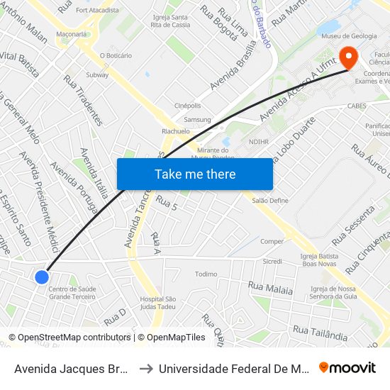 Avenida Jacques Brunini, 200 to Universidade Federal De Mato Grosso map