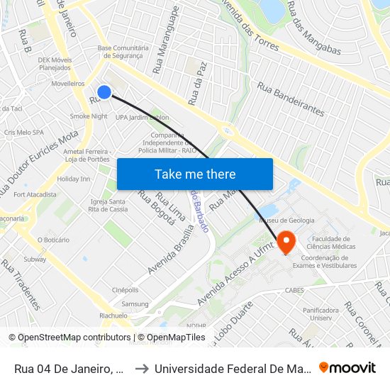 Rua 04 De Janeiro, 182-250 to Universidade Federal De Mato Grosso map