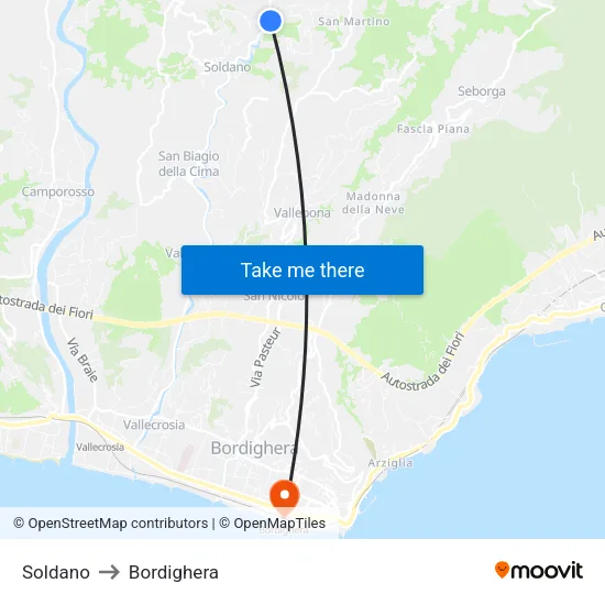 Soldano to Bordighera map