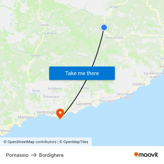 Pornassio to Bordighera map