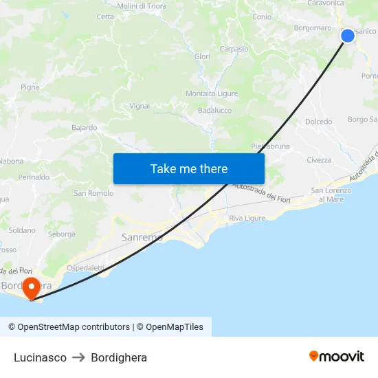 Lucinasco to Bordighera map