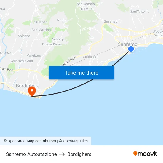 Sanremo Autostazione to Bordighera map