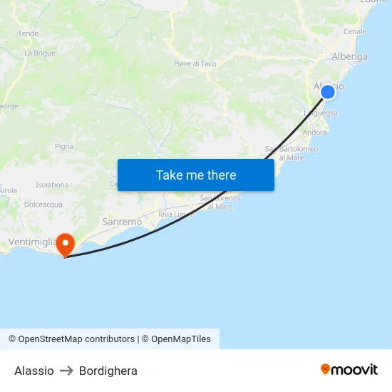 Alassio to Bordighera map