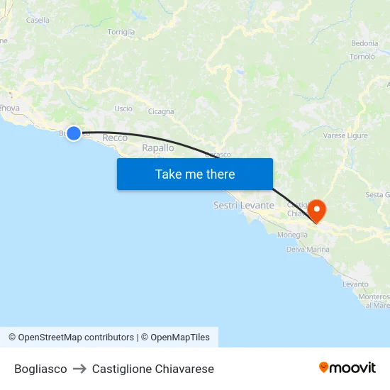 Bogliasco to Castiglione Chiavarese map