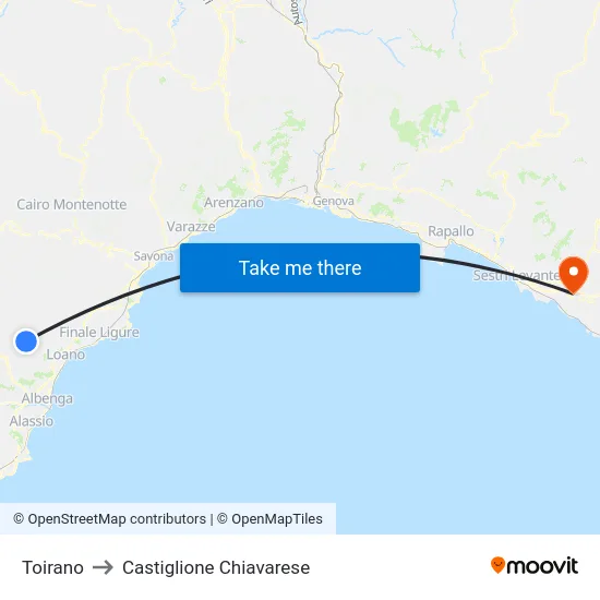 Toirano to Castiglione Chiavarese map