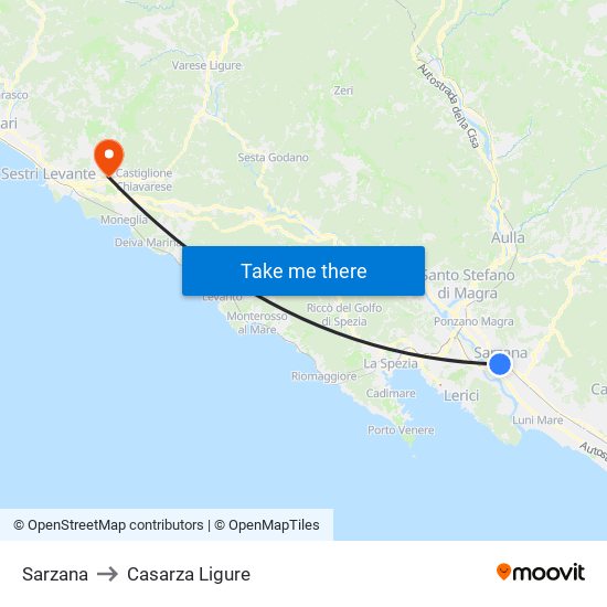 Sarzana to Casarza Ligure map