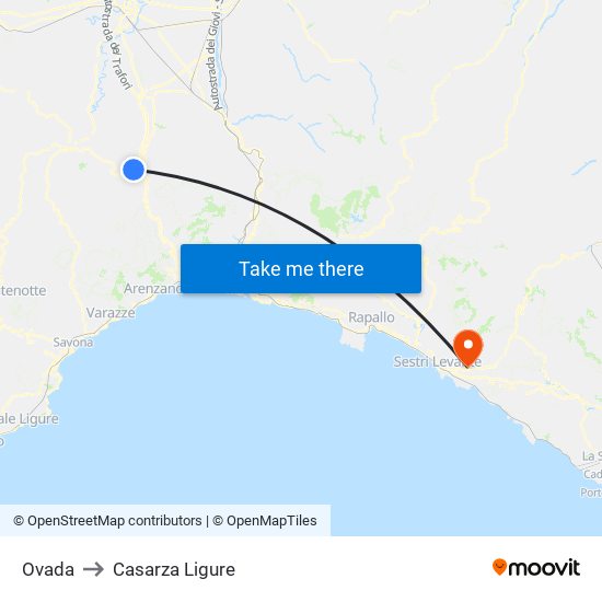 Ovada to Casarza Ligure map