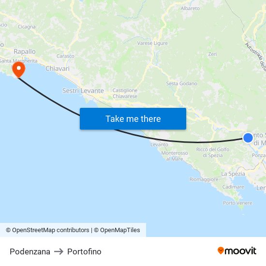 Podenzana to Portofino map