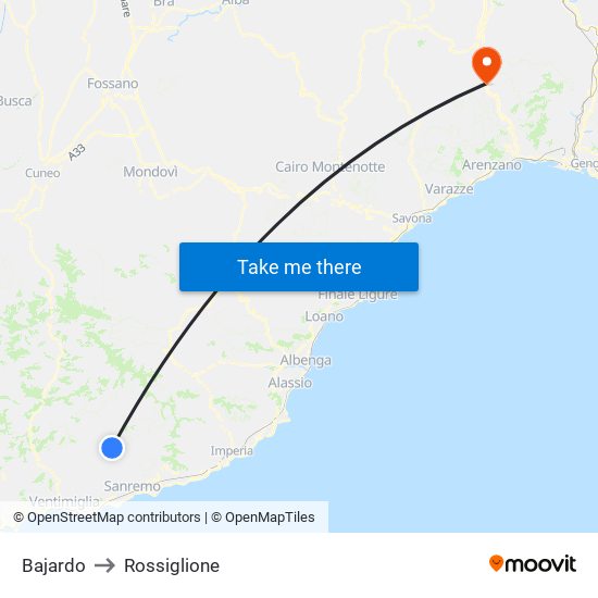 Bajardo to Rossiglione map
