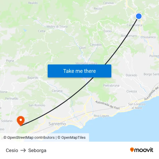 Cesio to Seborga map