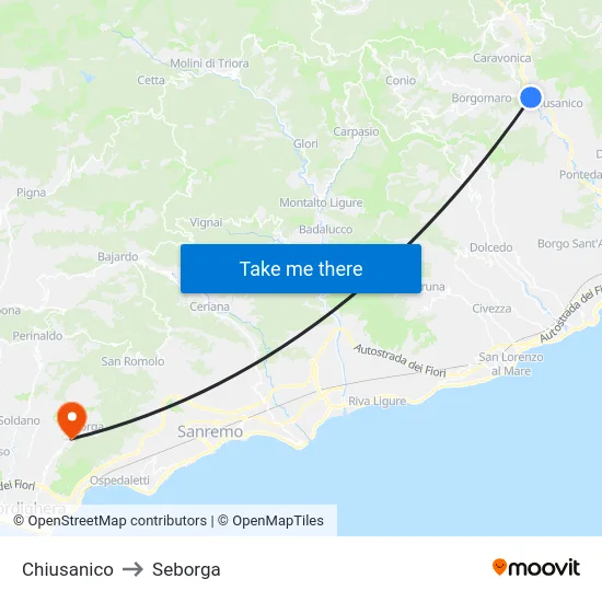 Chiusanico to Seborga map