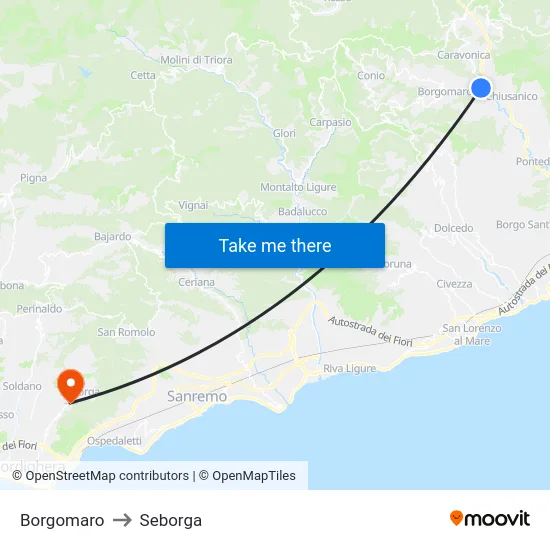 Borgomaro to Seborga map