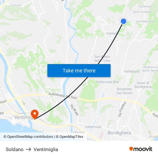 Soldano to Ventimiglia map